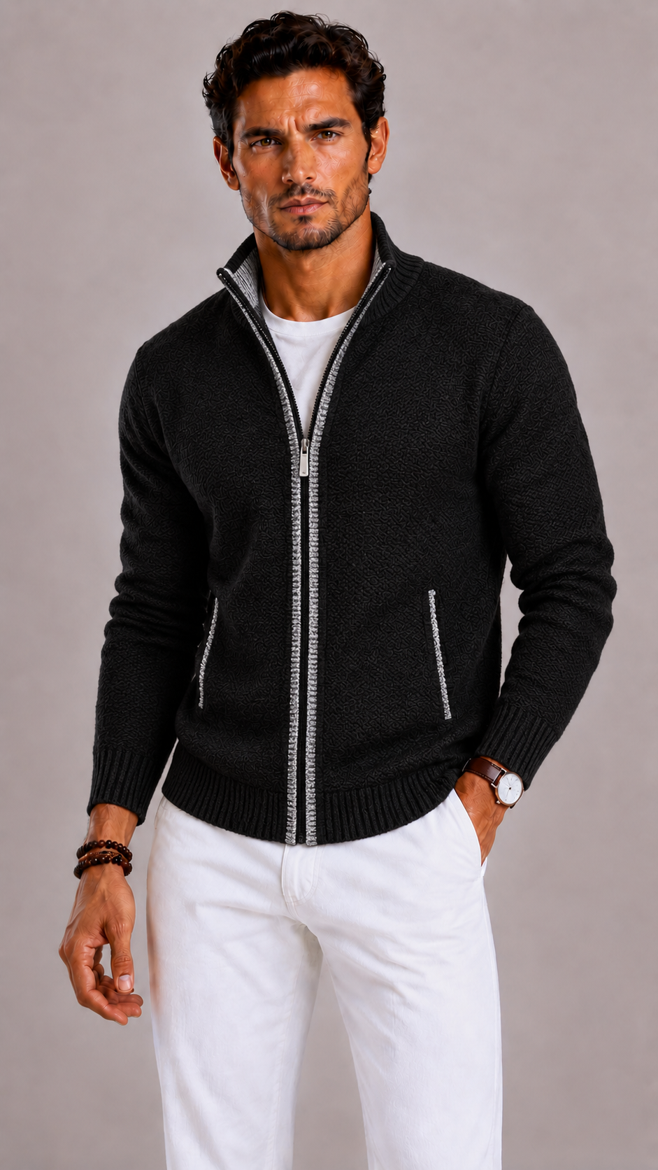 Men's Gilet with Zip Fastening, Stand-Up Collar and Side Pockets