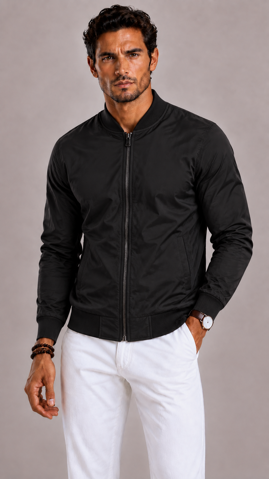 Men's Plain Bomber Jacket with Baseball Collar and Flap Pockets