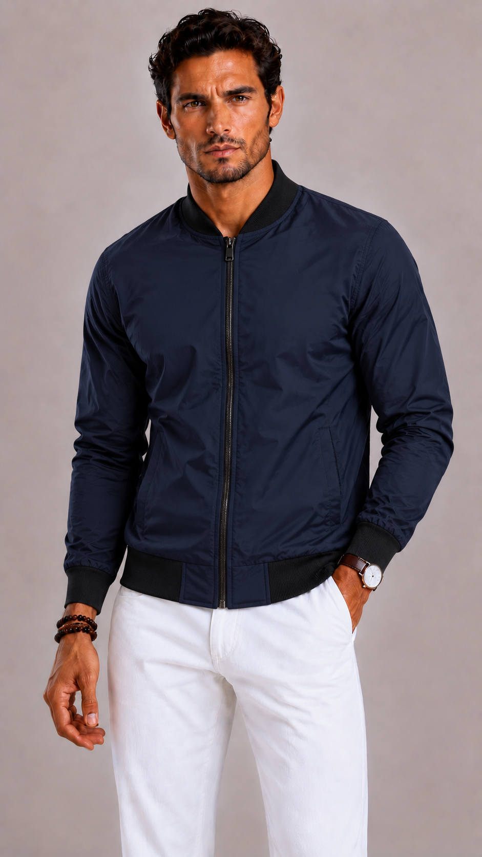 Men's Plain Bomber Jacket with Baseball Collar and Flap Pockets