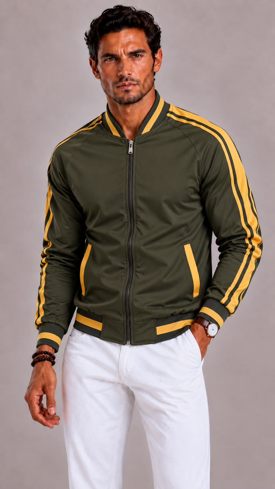 Men's sports jacket with color blocks and a baseball collar