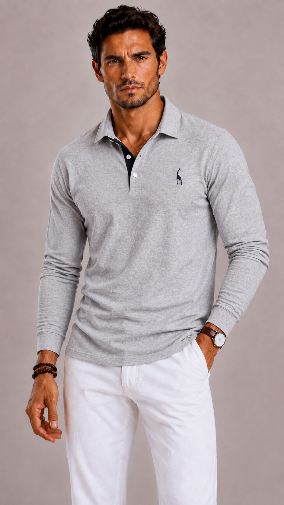 Men's Polo Shirt with Long Sleeves, V-Neck and Button Closure