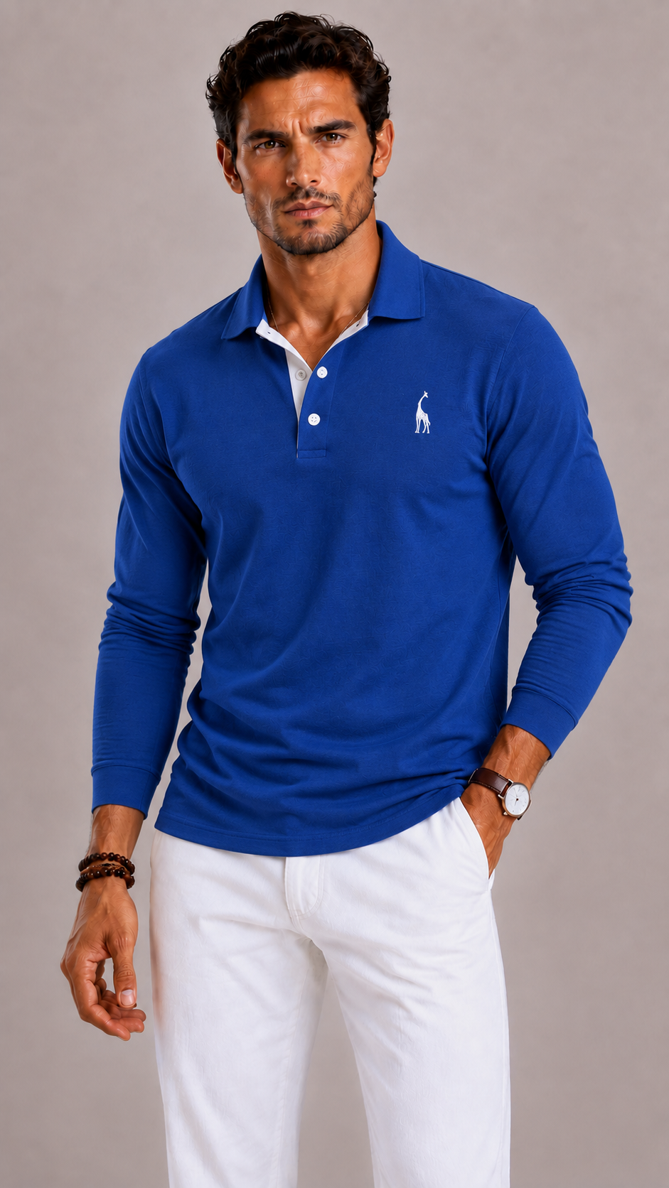 Men's Polo Shirt with Long Sleeves, V-Neck and Button Closure