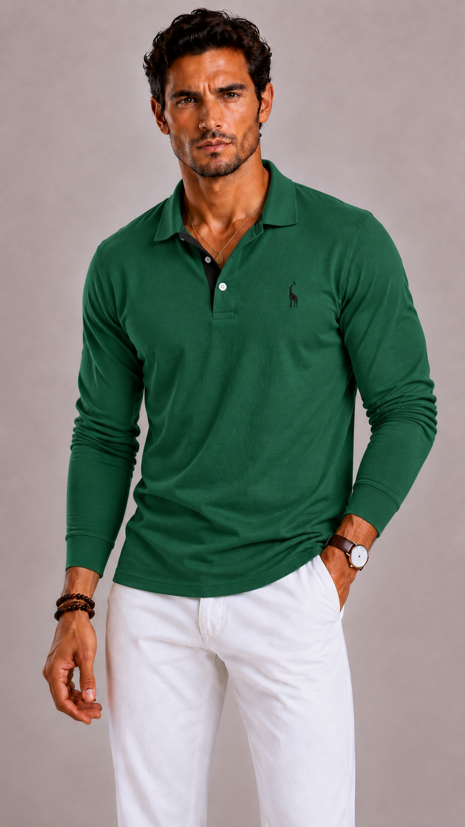 Men's Polo Shirt with Long Sleeves, V-Neck and Button Closure