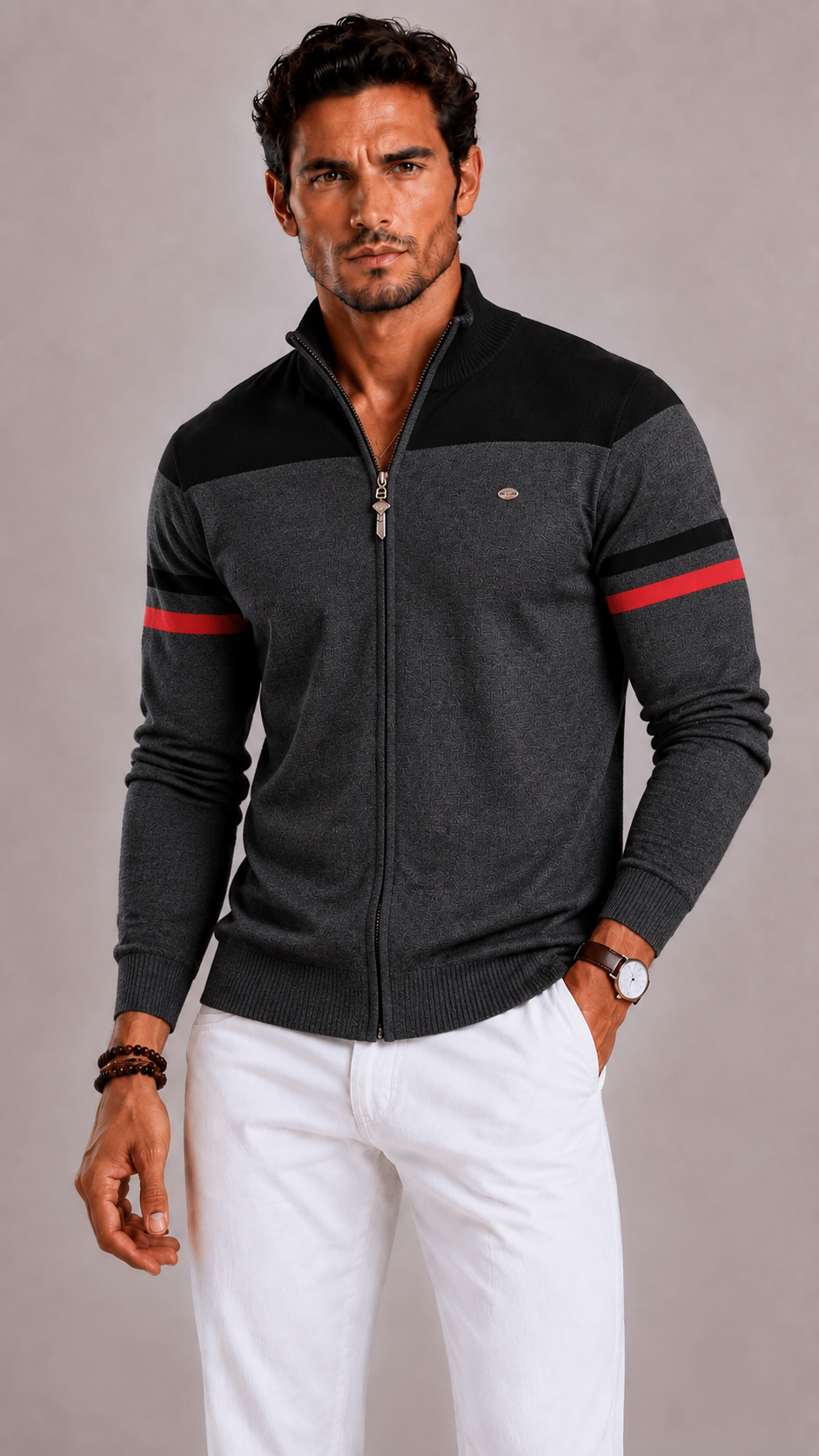 Men's Zip-Up Gilet with Mock Neck and Contrasting Sleeves
