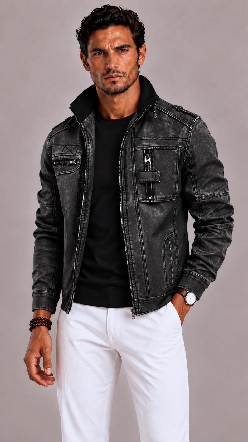 Men's Leather Jacket with Mandarin Collar and Zip Closure