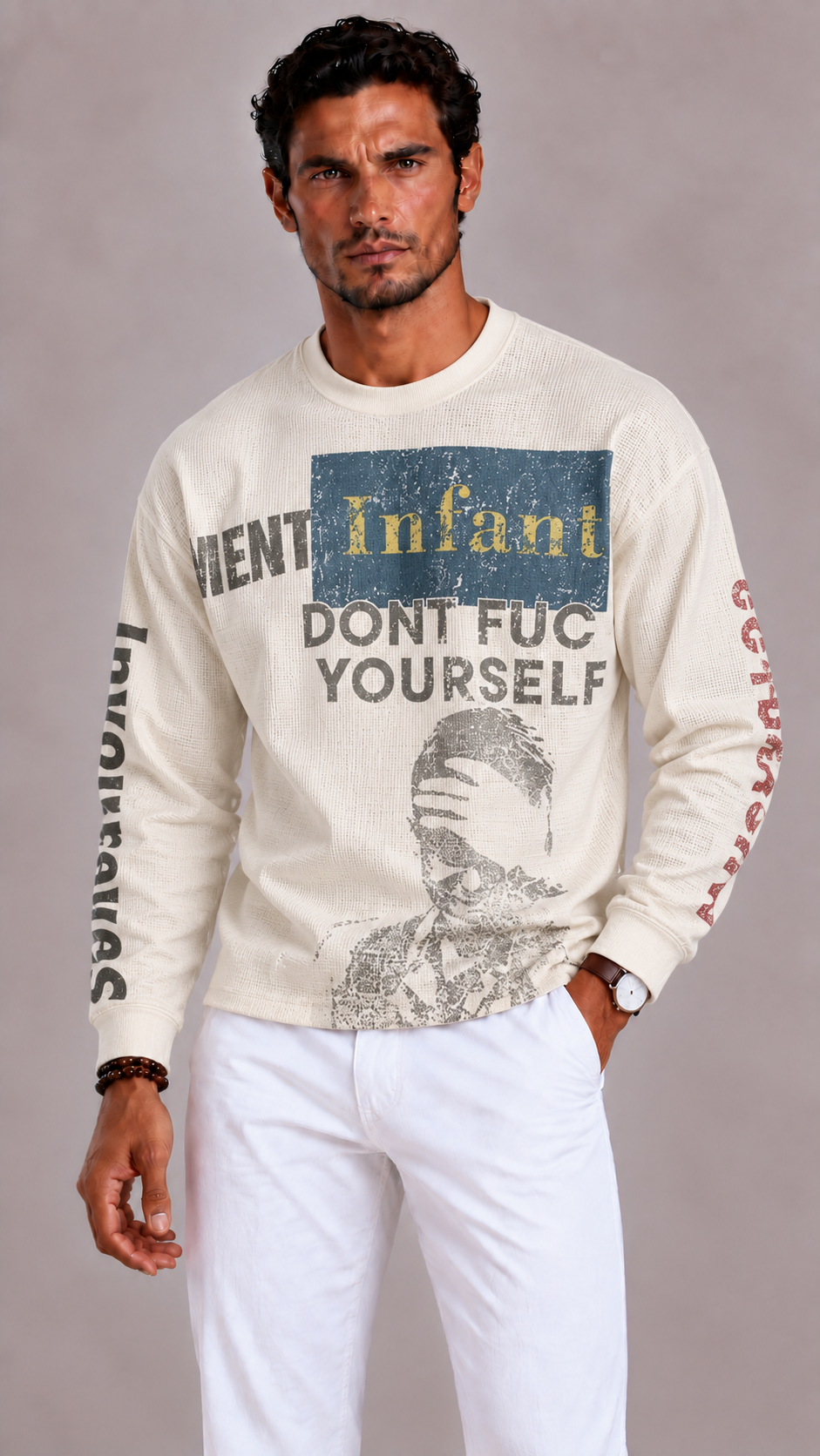 Men's Oversized Cotton Long Sleeve with Waffle Texture and Print