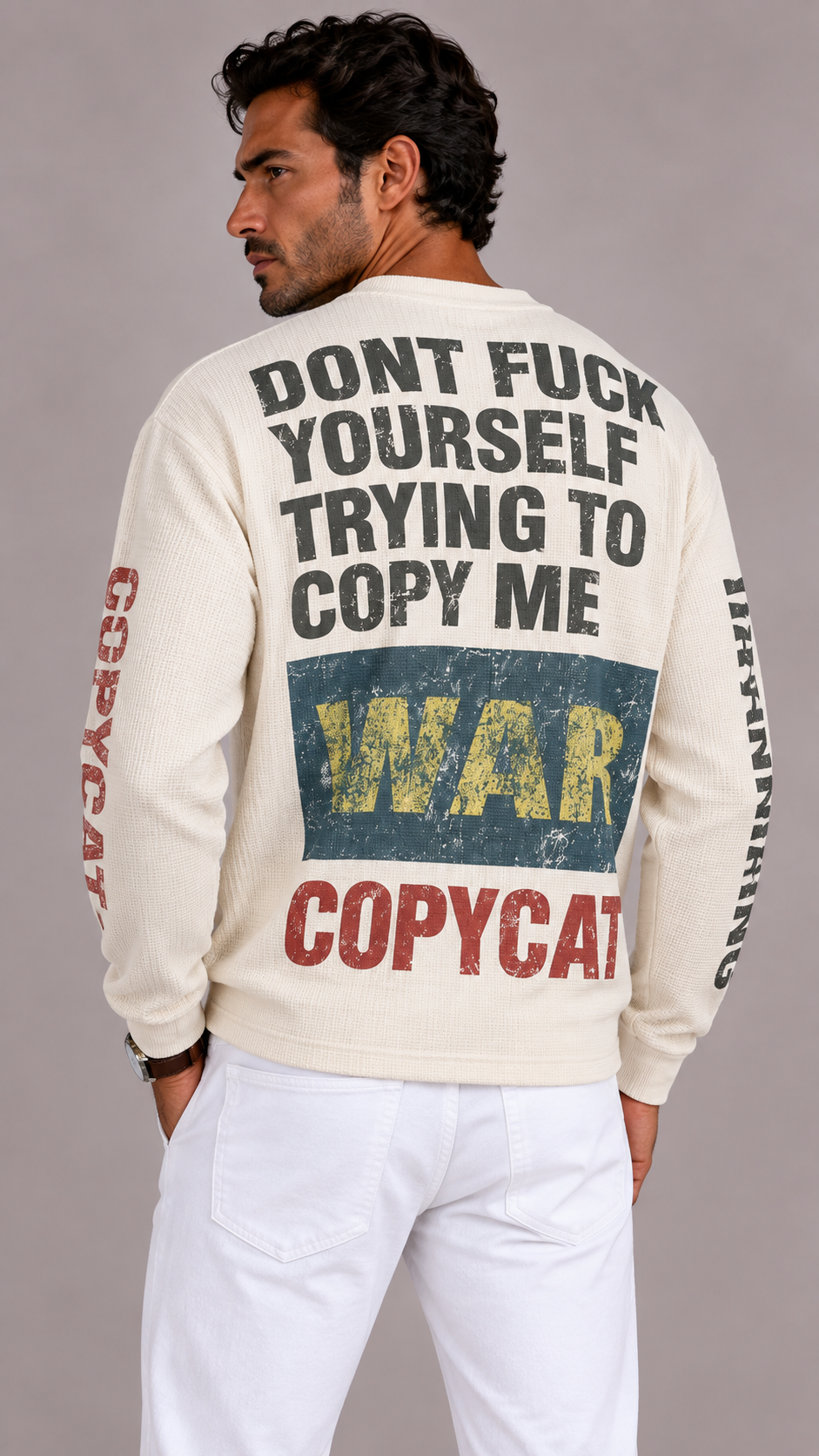Men's Oversized Cotton Long Sleeve with Waffle Texture and Print