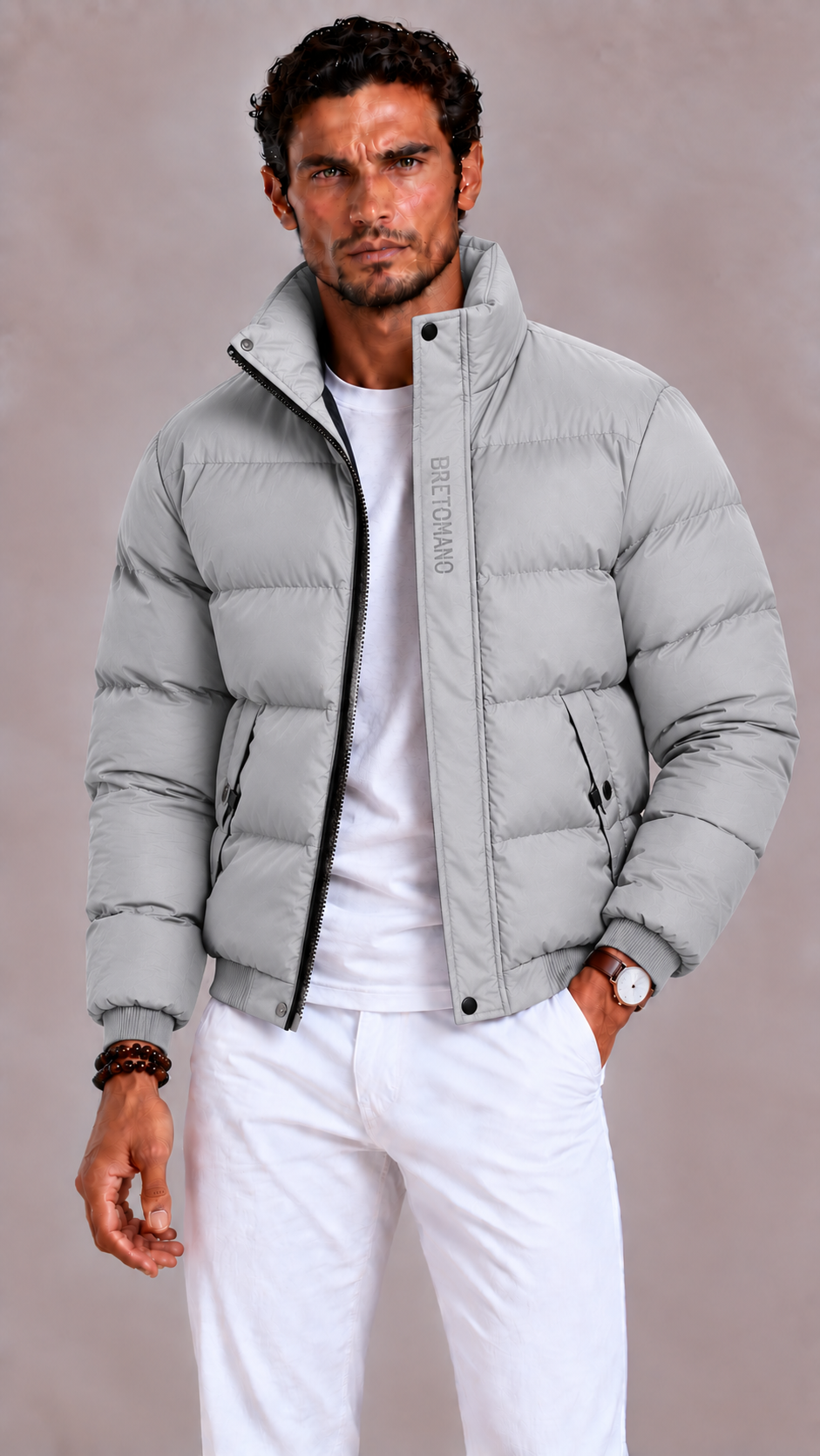 Men's winter jacket with a high collar, hood, and multiple pockets