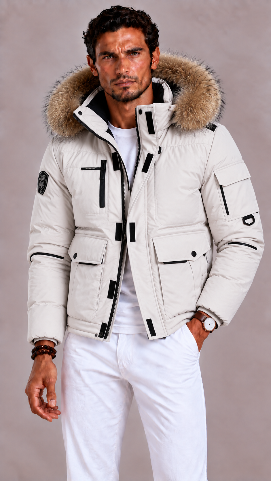 Men's Winter Jacket with Detachable Hood and Multiple Pockets
