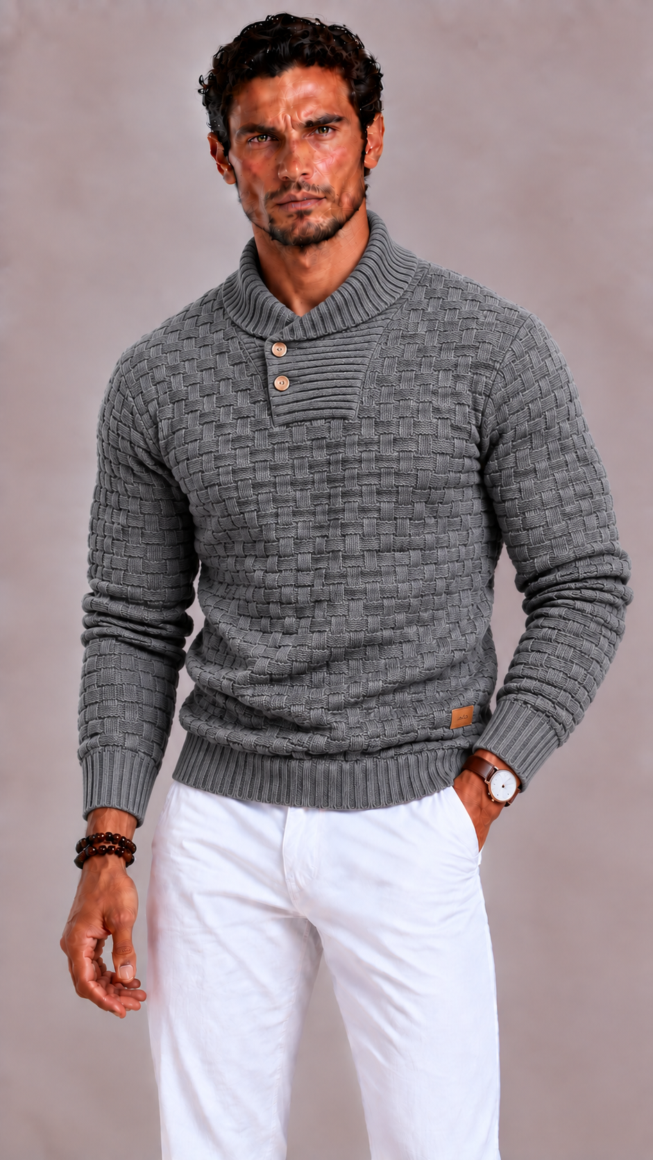 Men's Knitted Sweater with Round Neck and Regular Fit