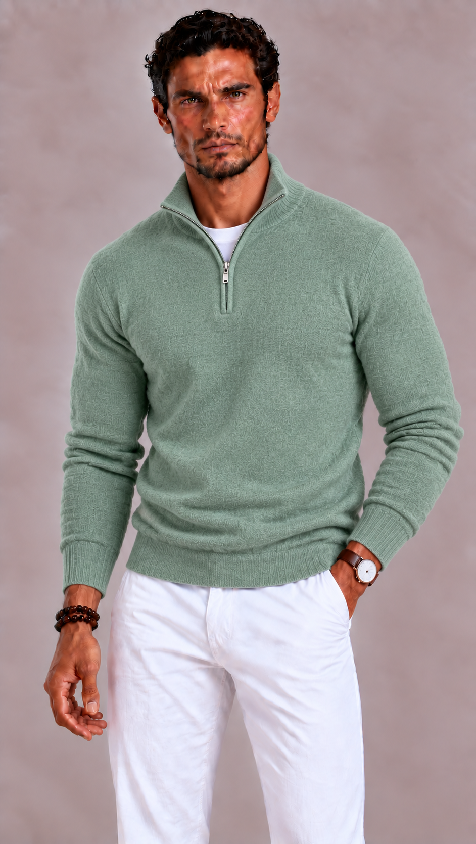 Men's Merino Wool Jumper with V-neck and Zip Closure