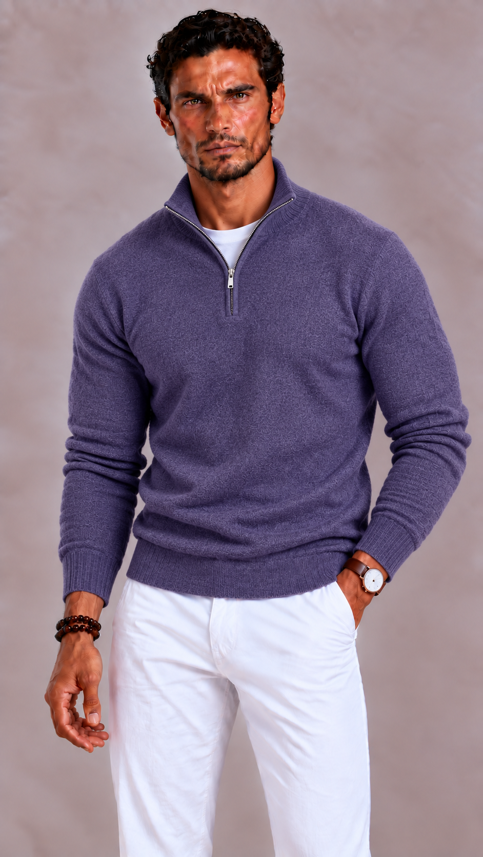 Men's Merino Wool Sweater with V-Neck and Zip Closure