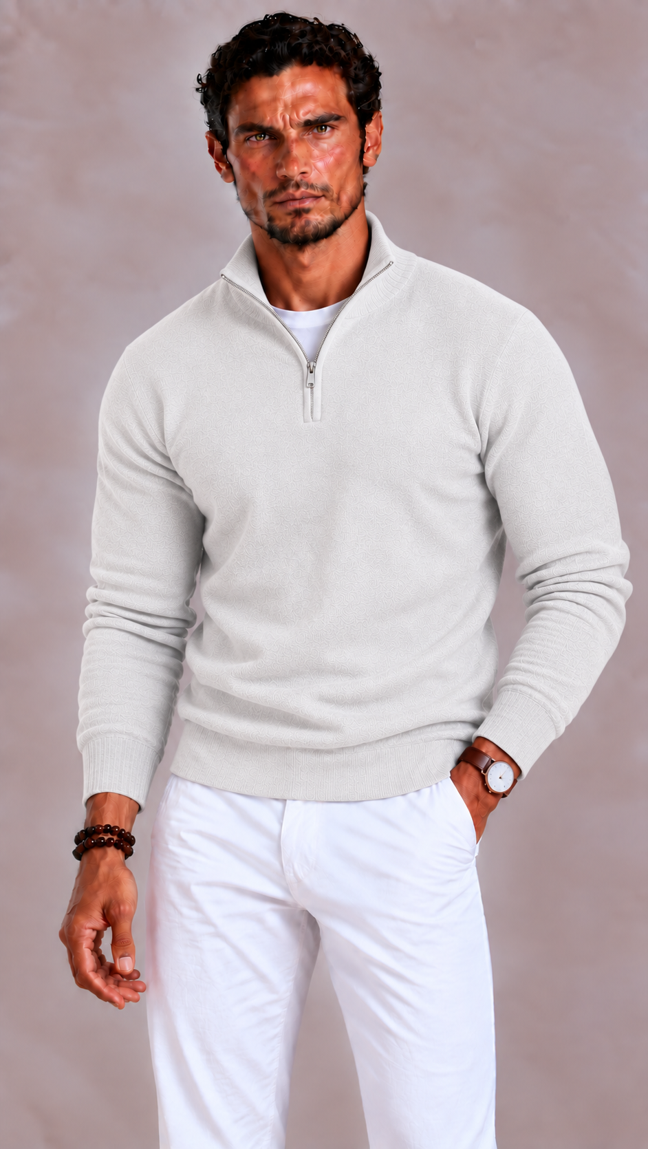 Men's Merino Wool Sweater with V-Neck and Zip Closure