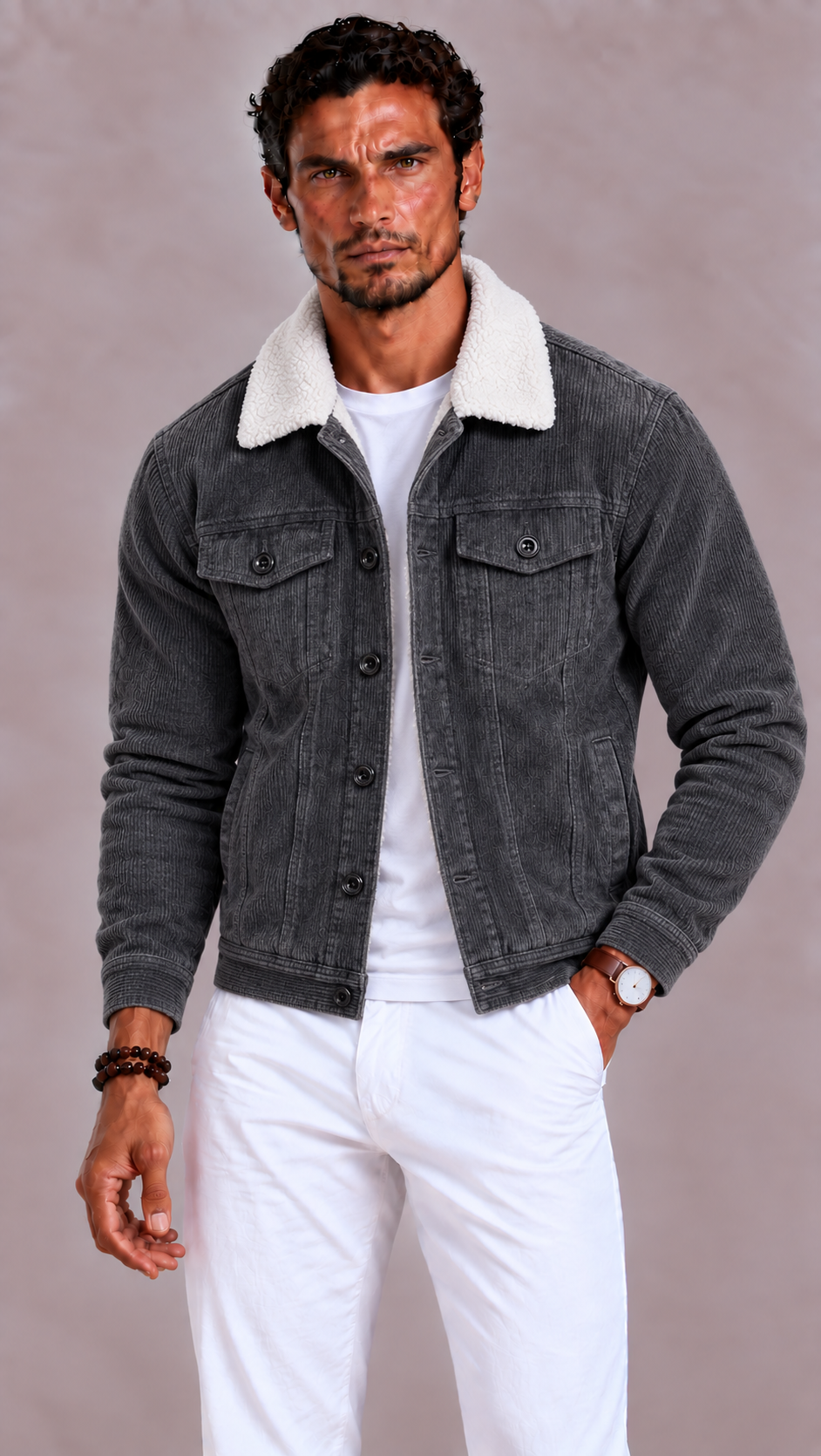 Men's Sherpa Winter Jacket with Collar, Button Closure and Pockets