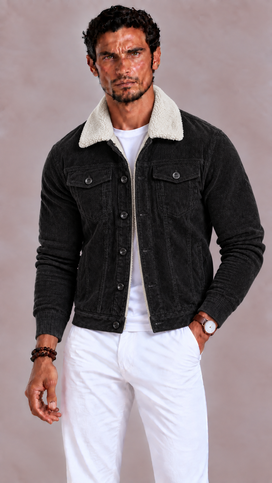 Men's Sherpa Winter Jacket with Collar, Button Closure and Pockets