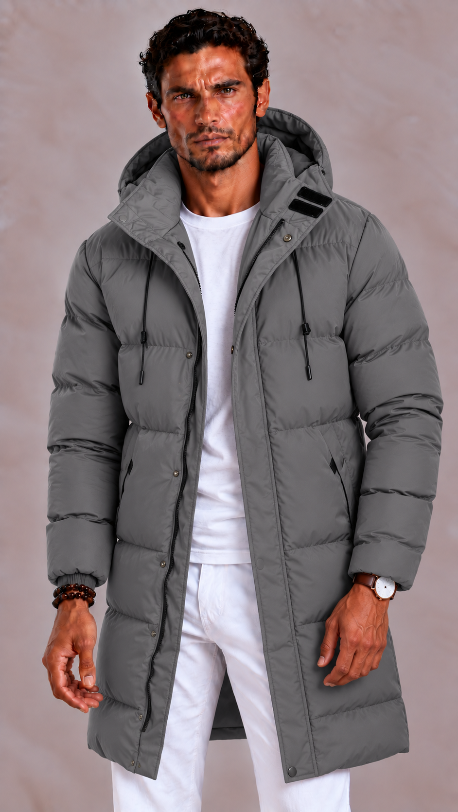 Men's long down jacket with removable hood and zipper