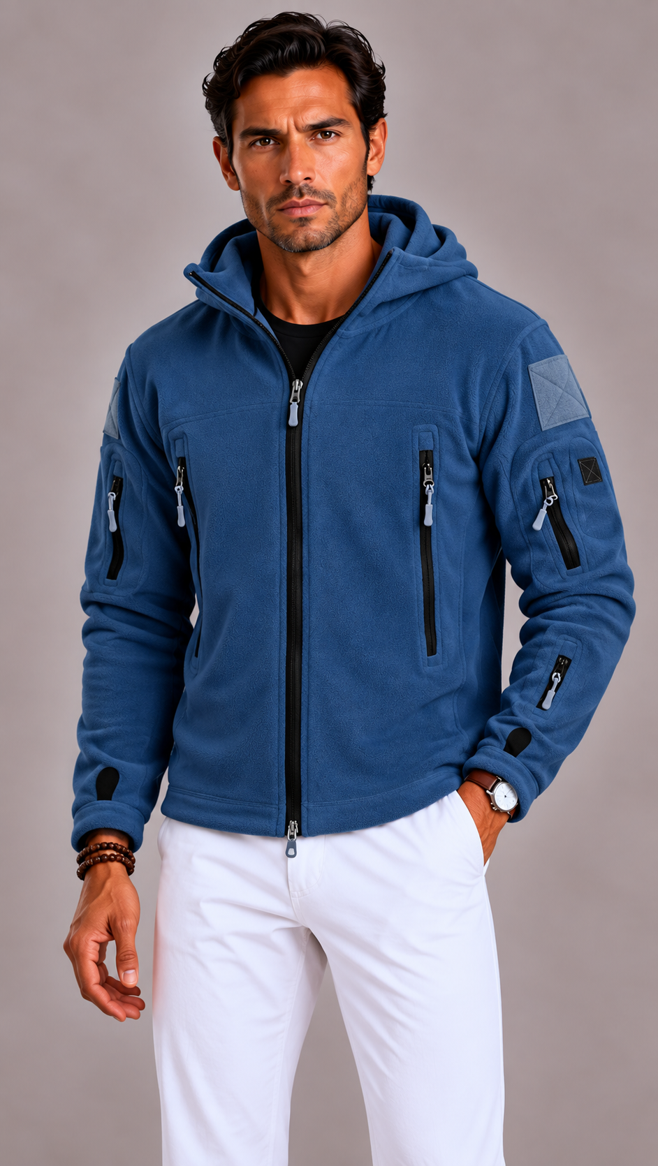 Men's Tactical Fleece Jacket with Hood and Multiple Pockets