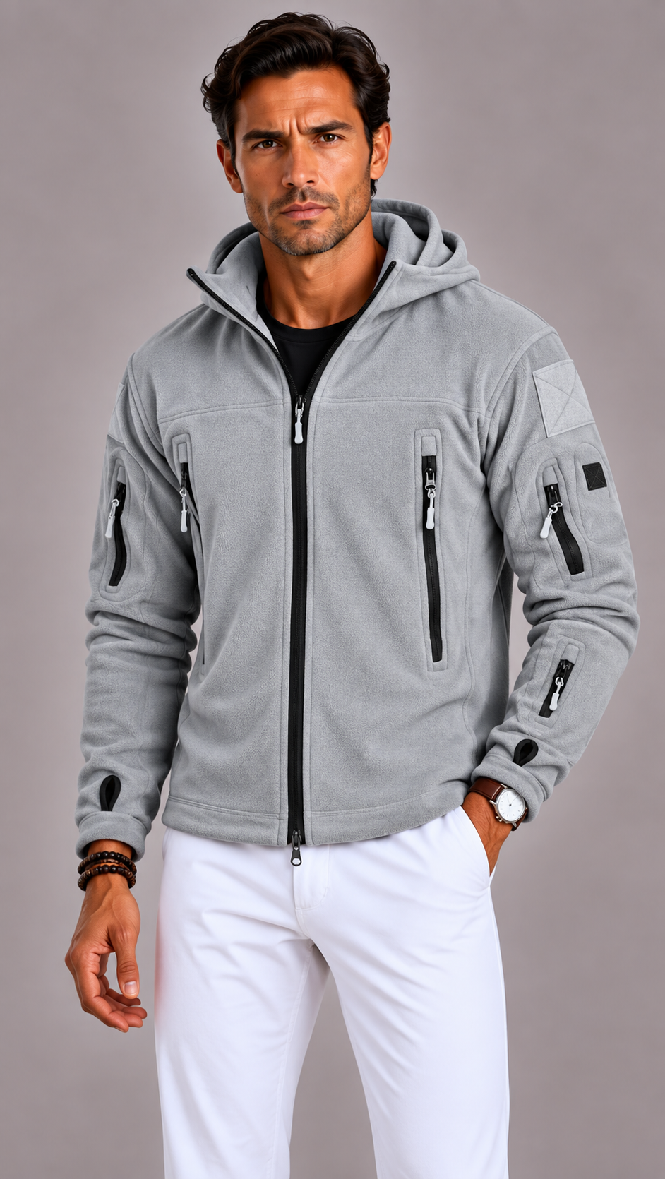 Men's Tactical Fleece Jacket with Hood and Multiple Pockets