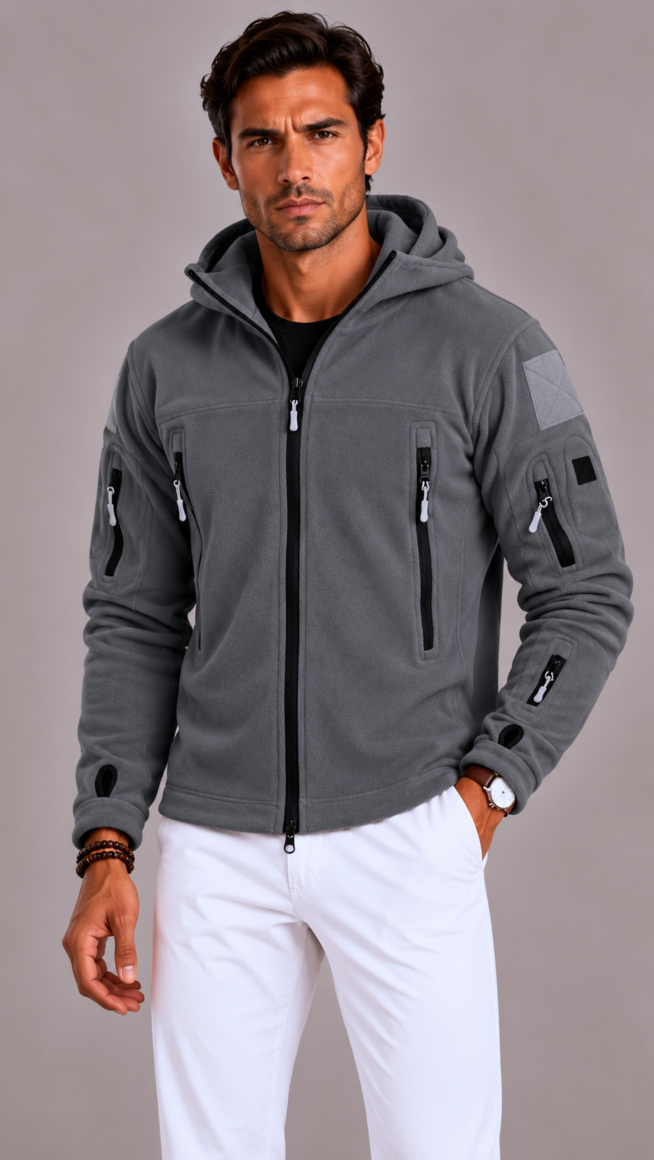 Men's Tactical Fleece Jacket with Hood and Multiple Pockets
