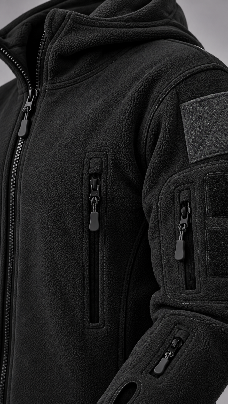 Men's Tactical Fleece Jacket with Hood and Multiple Pockets