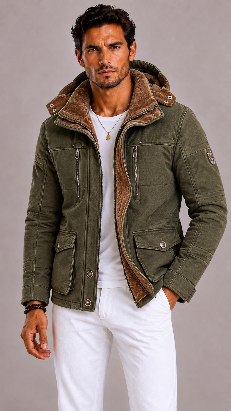 Men's Parka with Multiple Pockets and Zip Closure