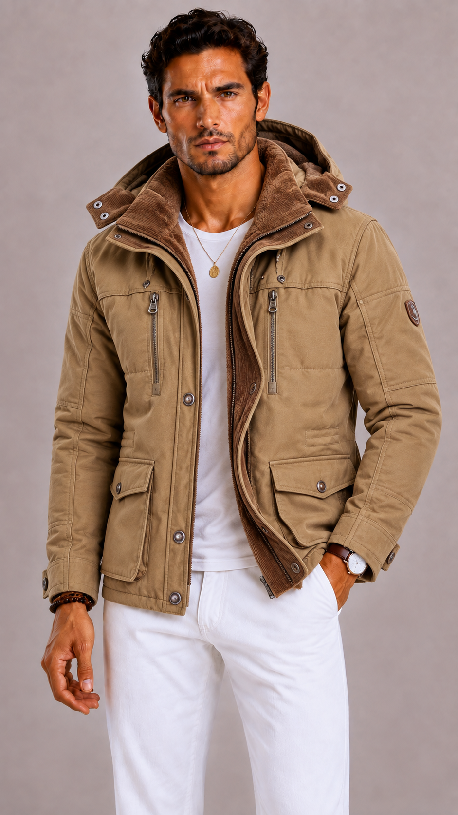 Men's Parka with Multiple Pockets and Zip Closure
