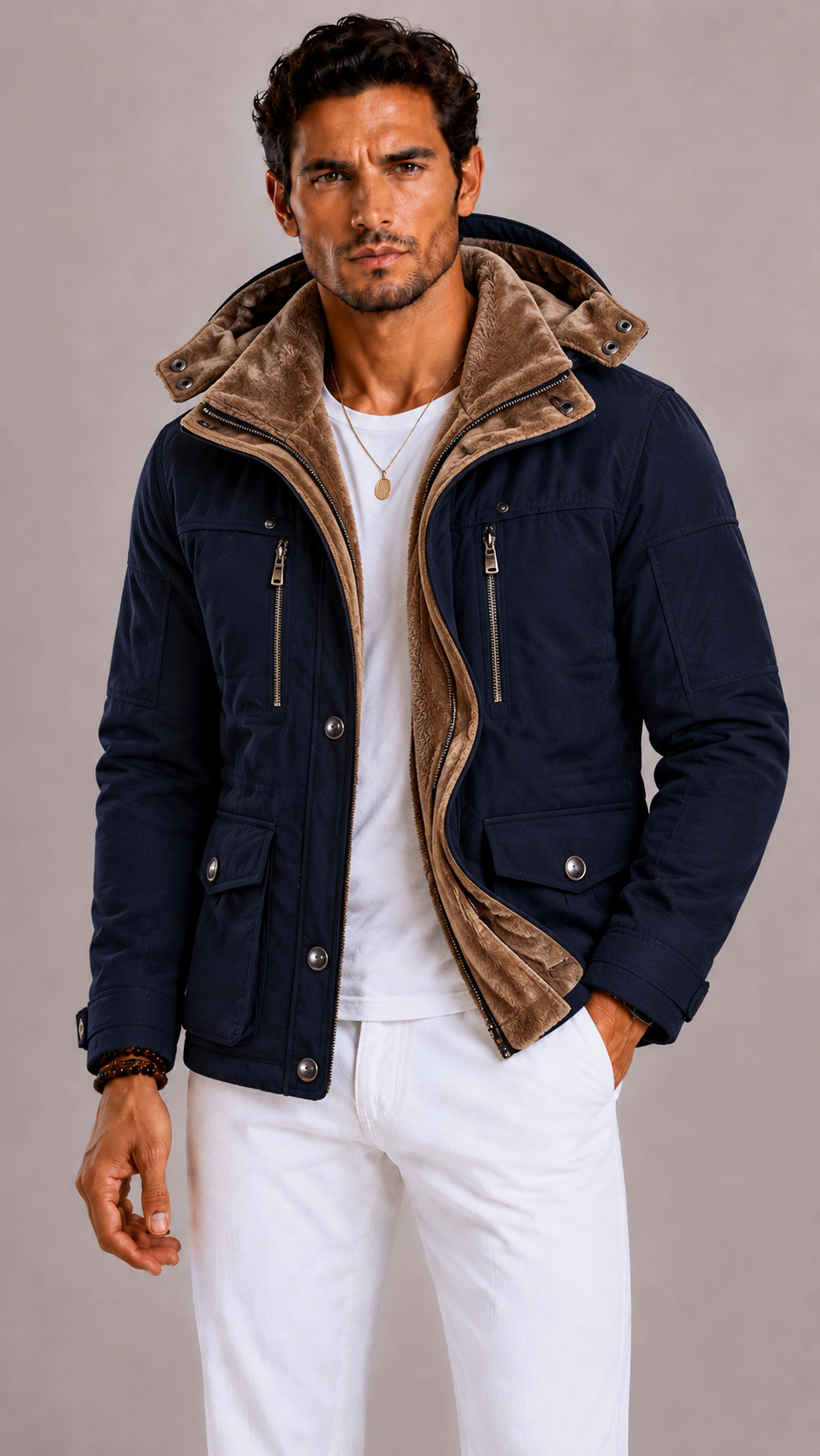 Men's Parka with Multiple Pockets and Zip Closure