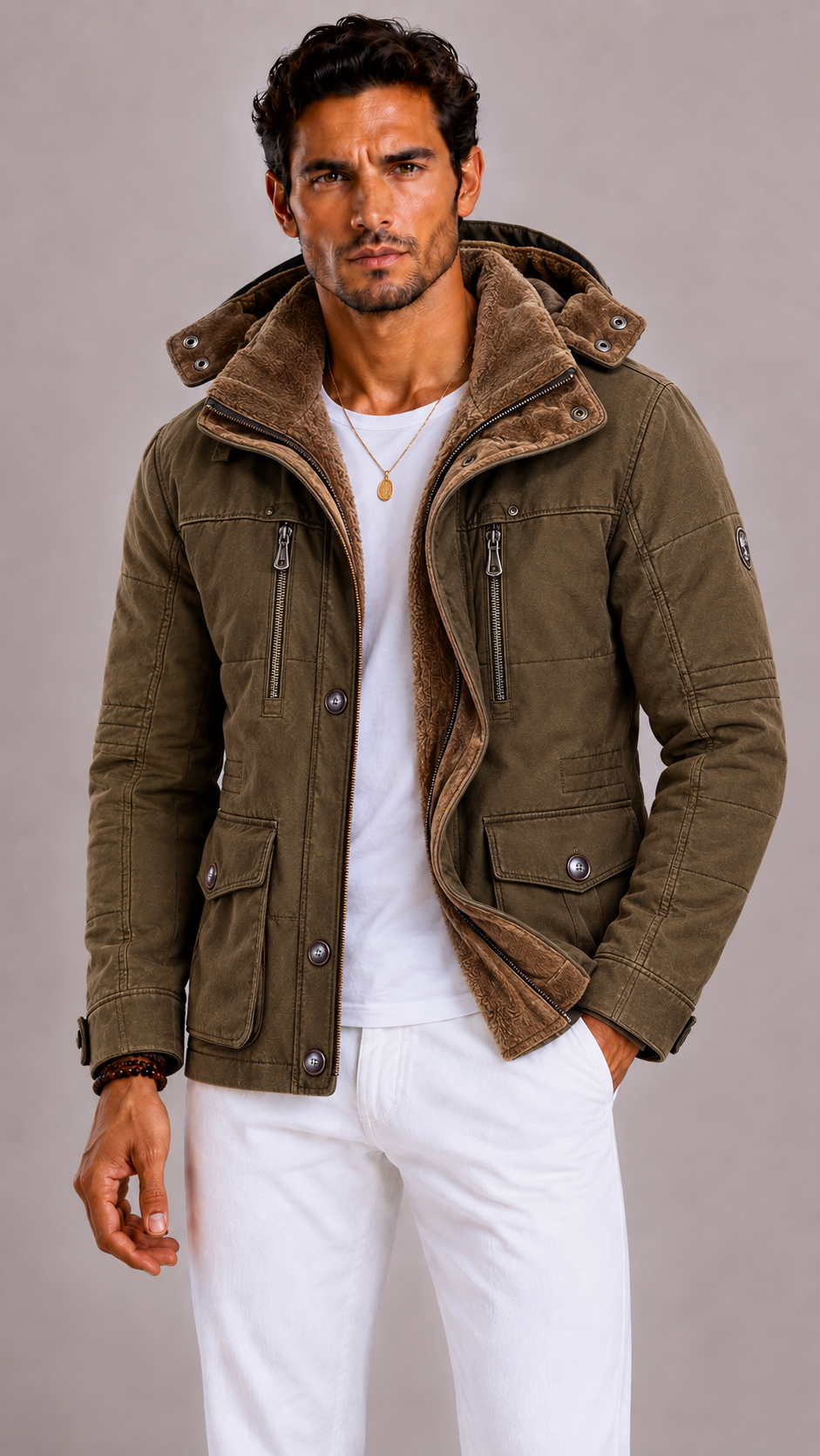 Men's Parka with Multiple Pockets and Zip Closure