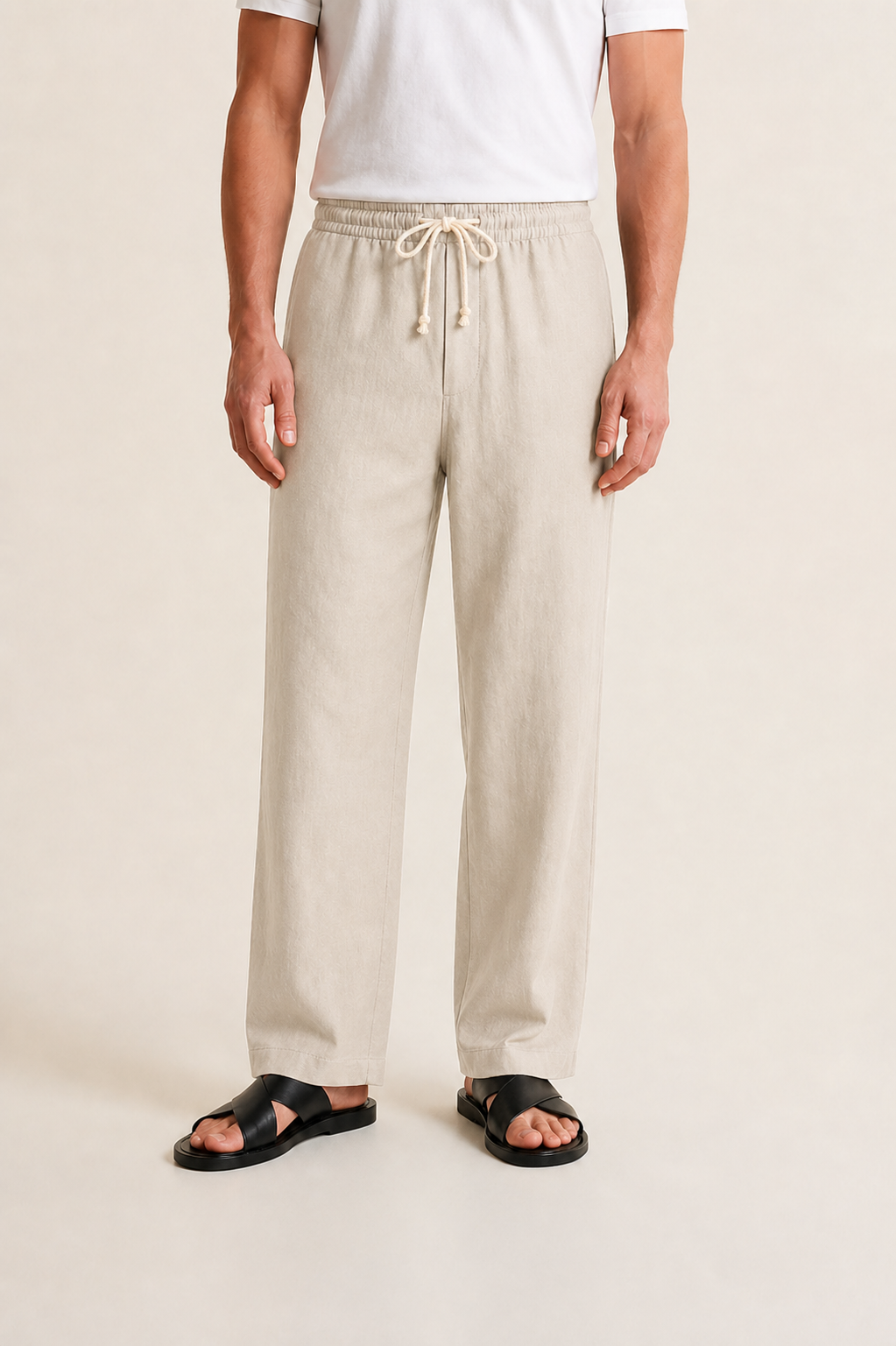 Men's Linen Trousers with Drawstring, Straight Fit
