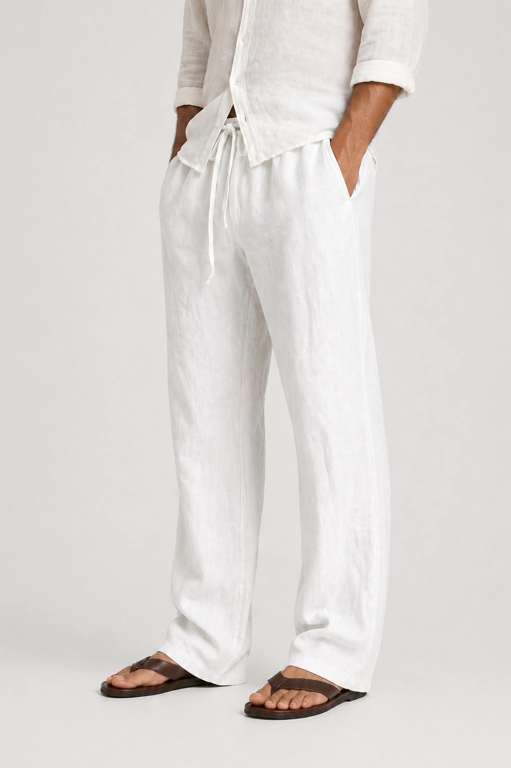 Men's Linen Look Trousers with Drawstring Comfort Fit