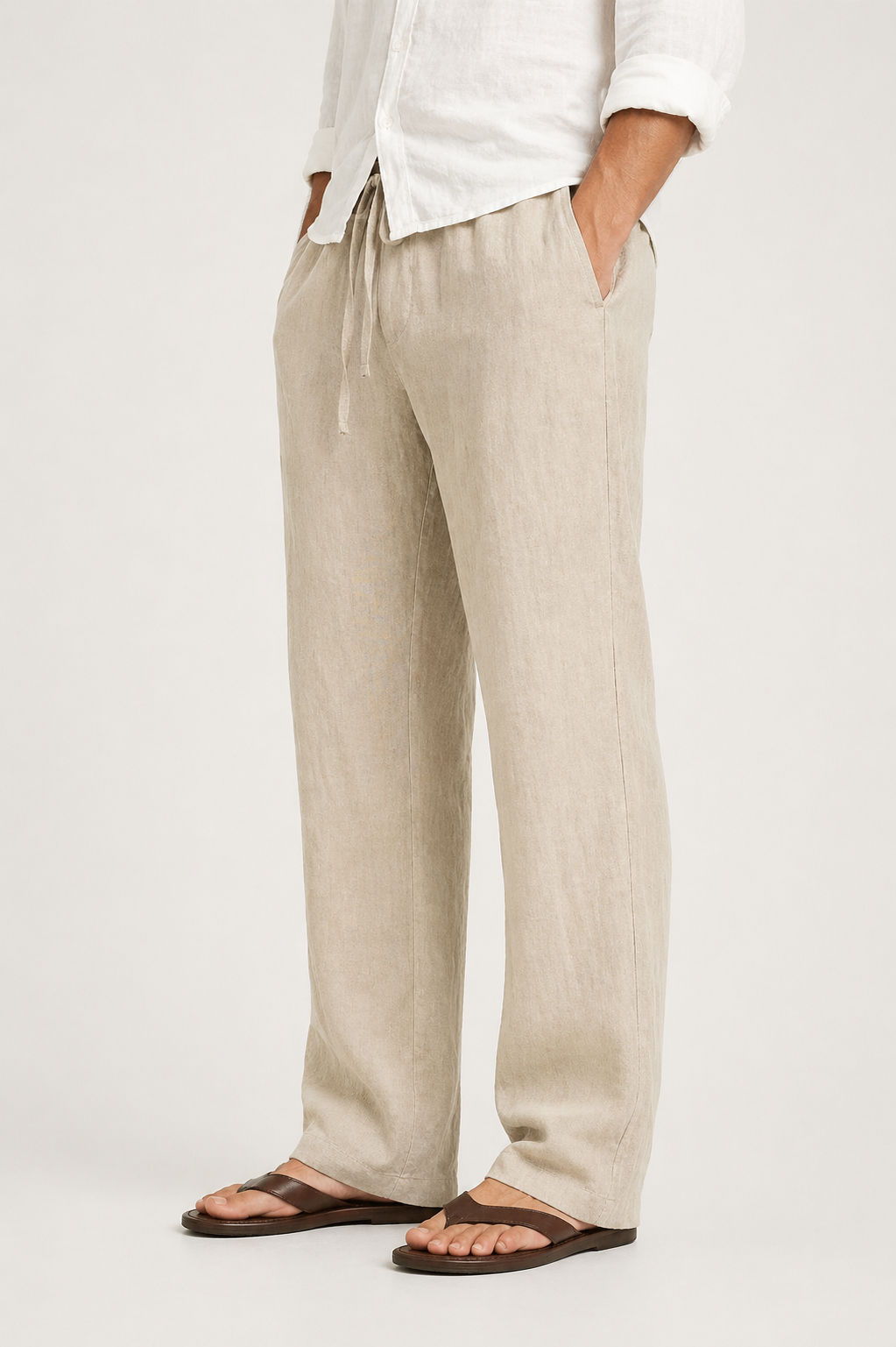 Men's Linen Look Trousers with Drawstring Comfort Fit