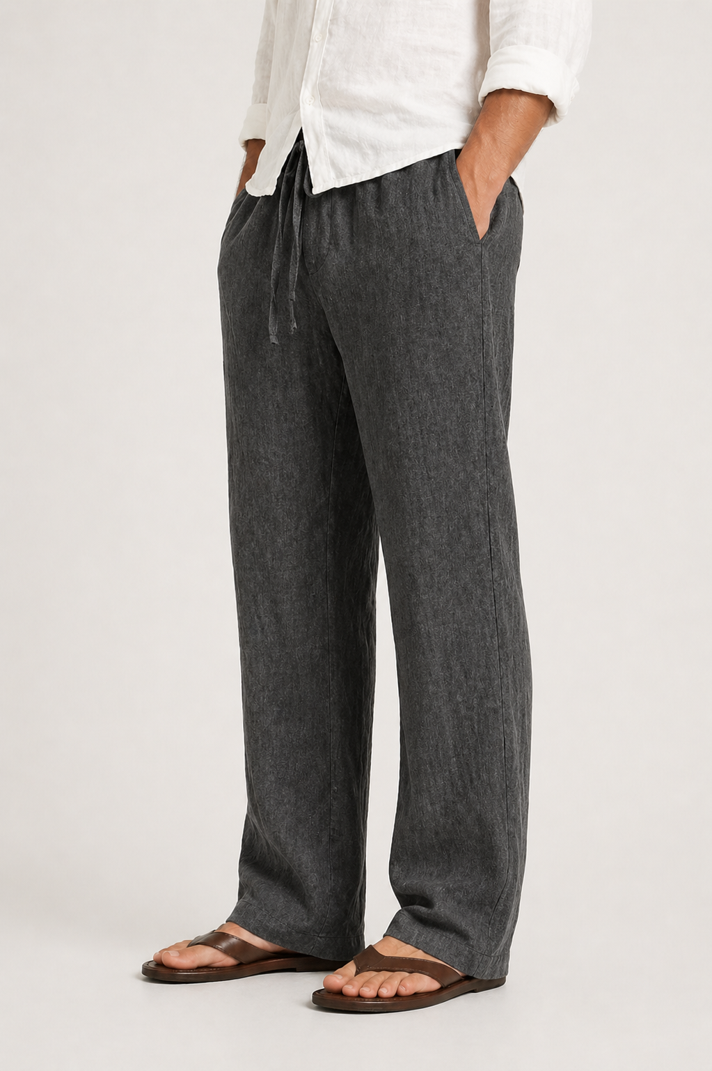 Men's Linen Look Trousers with Drawstring Comfort Fit
