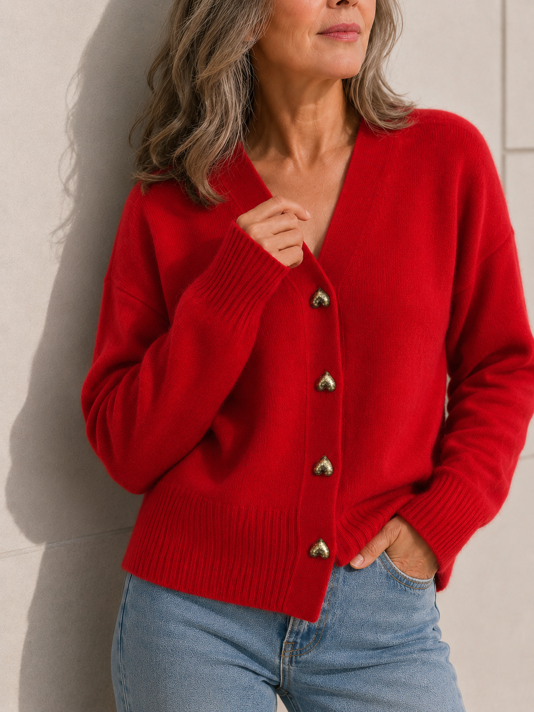Ladies' cardigan with V-neck and heart buttons