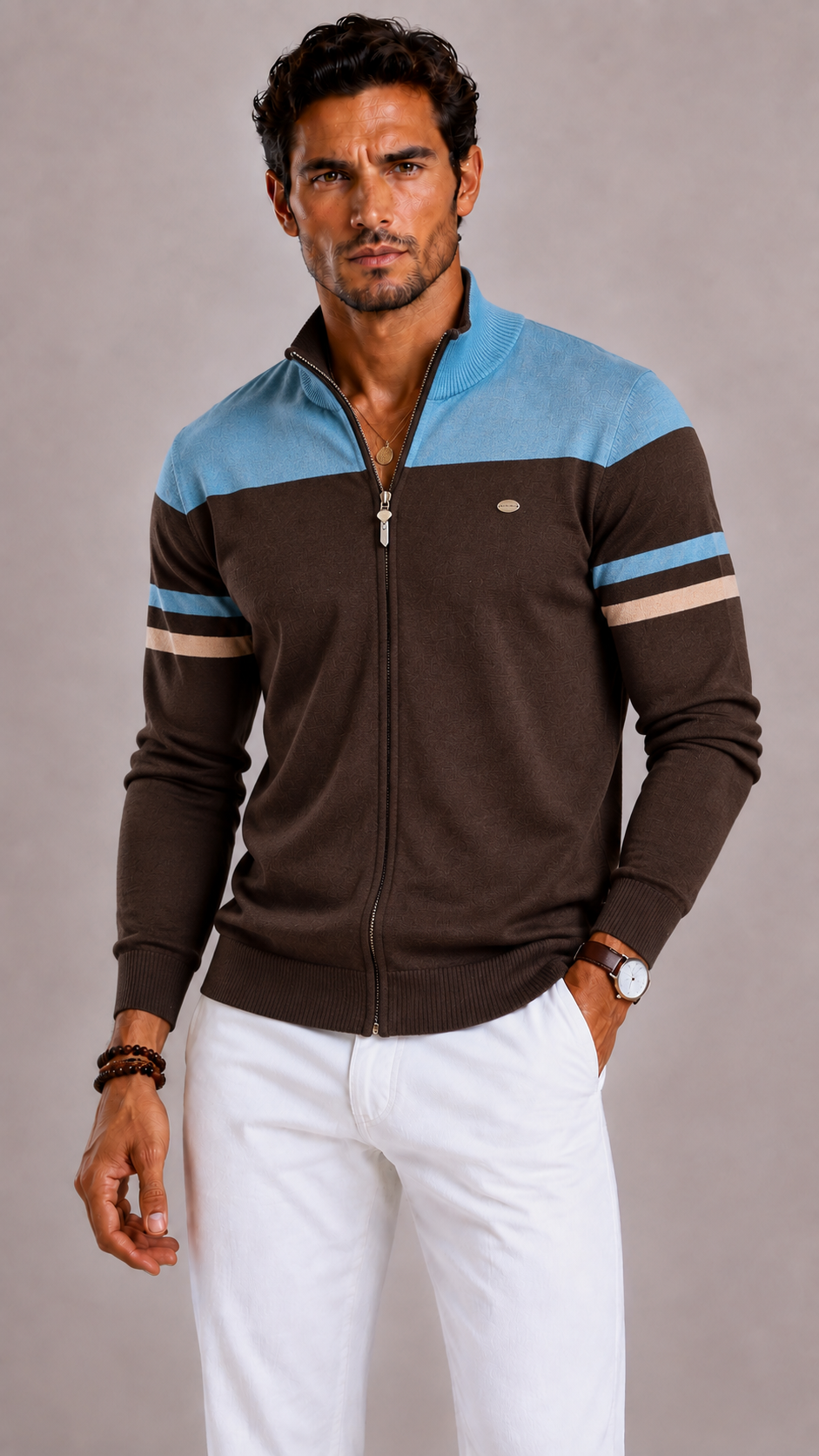 Men's Zip-Up Gilet with Mock Neck and Contrasting Sleeves