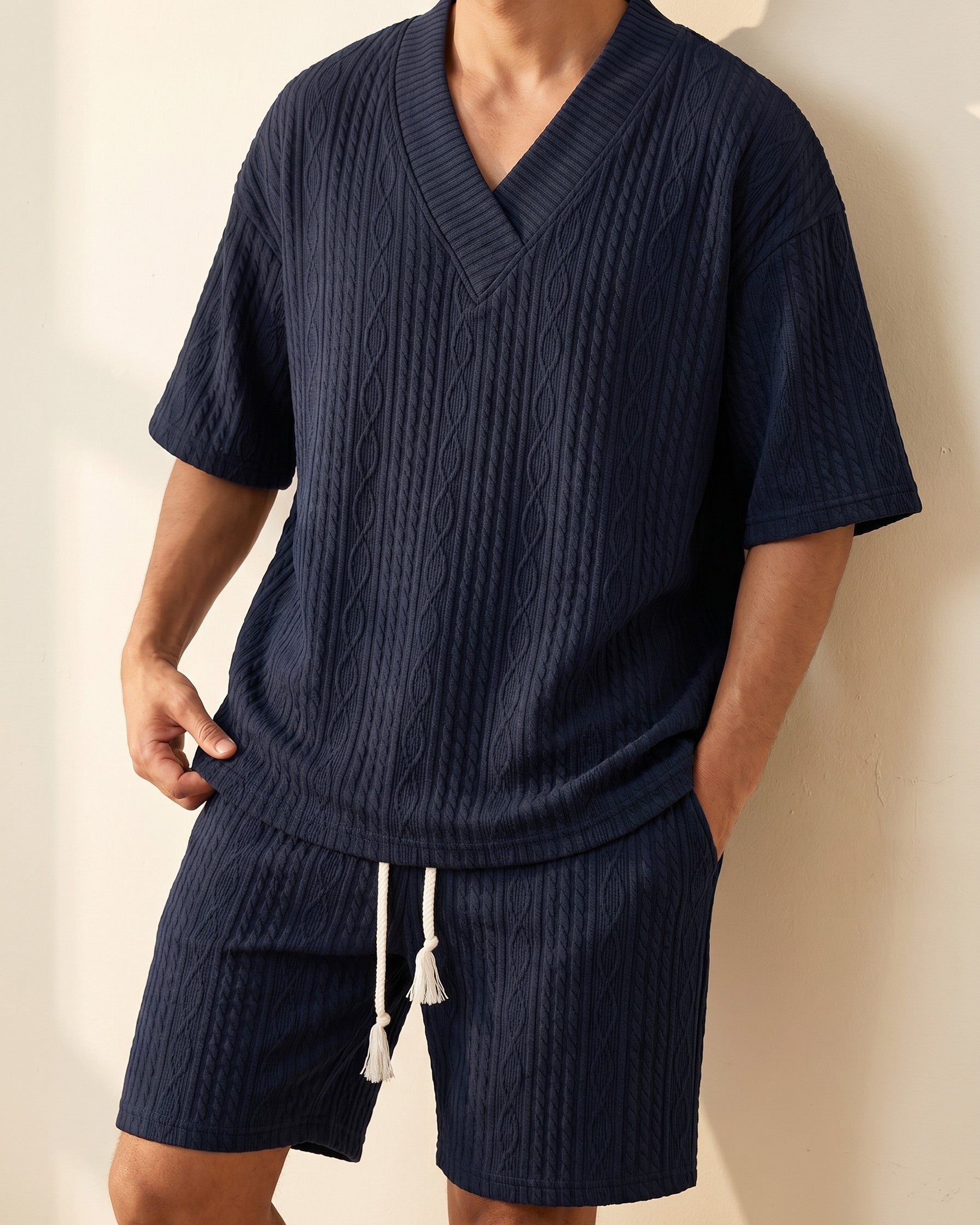 Knitted set with V-neck and shorts for men