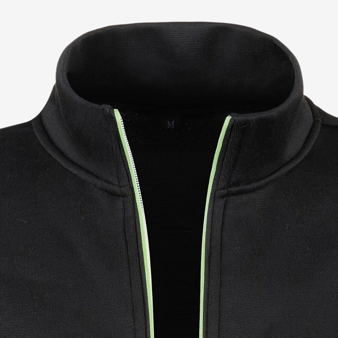 Sleek Men's Knit Zip Jacket with High Collar and Zippered Pockets