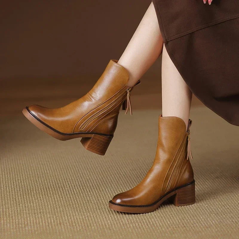Chic Women's Authentic Leather Ankle Boots with Block Heel