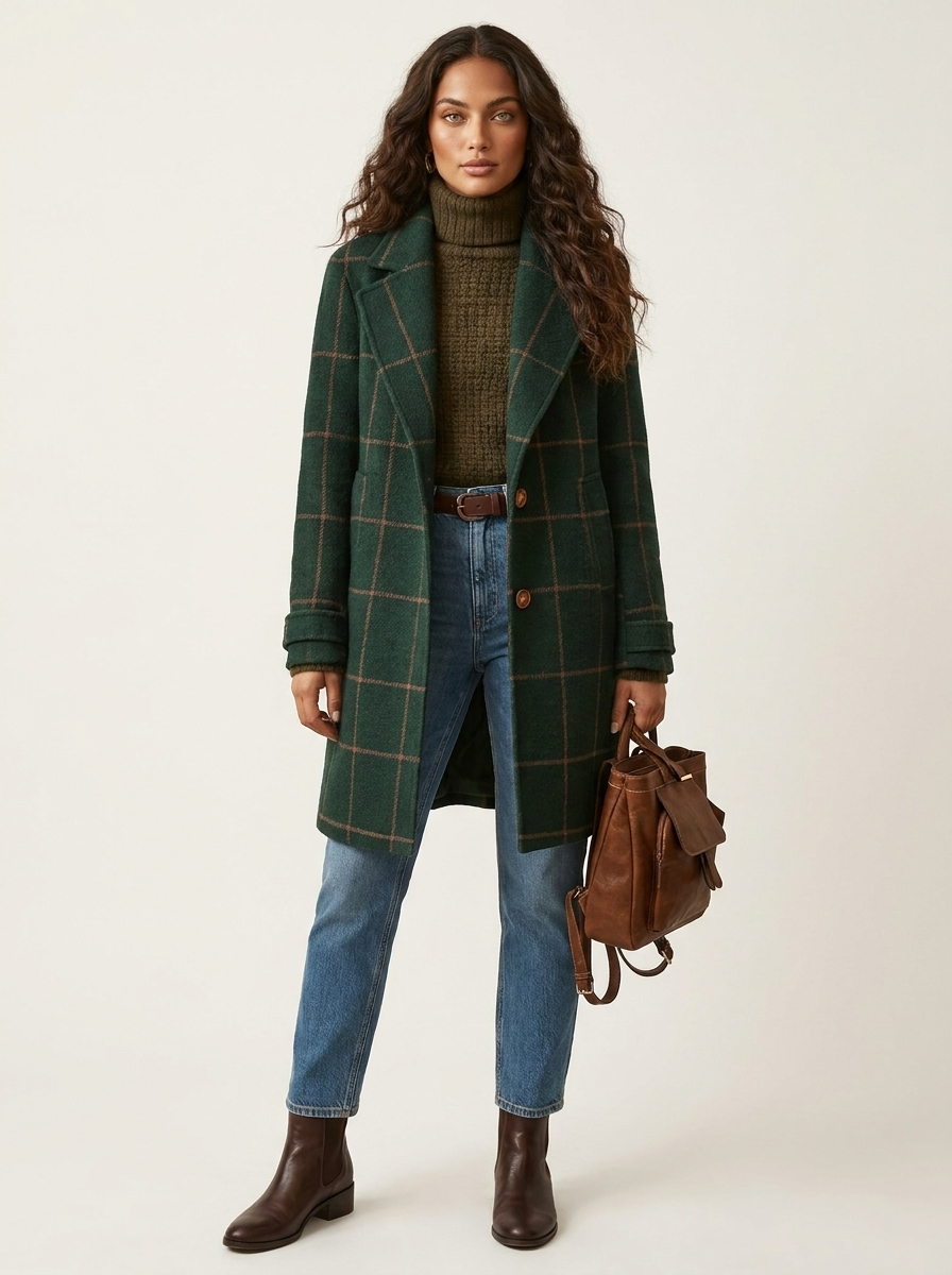 Wool Coat for Women with Check Pattern