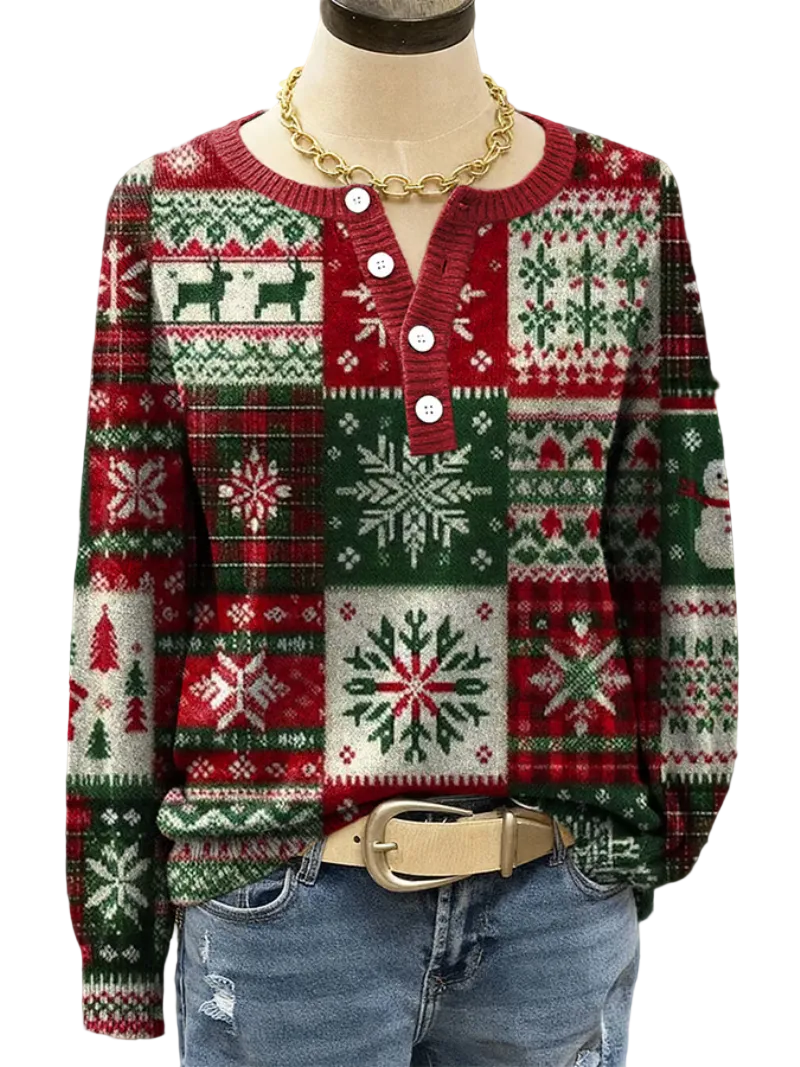 Women's Festive Knitted Sweater Featuring Reindeer and Snowflake Design