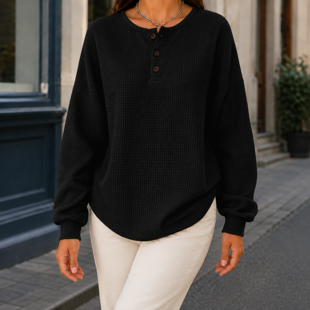 Cozy Women's Waffle Knit Henley Sweater