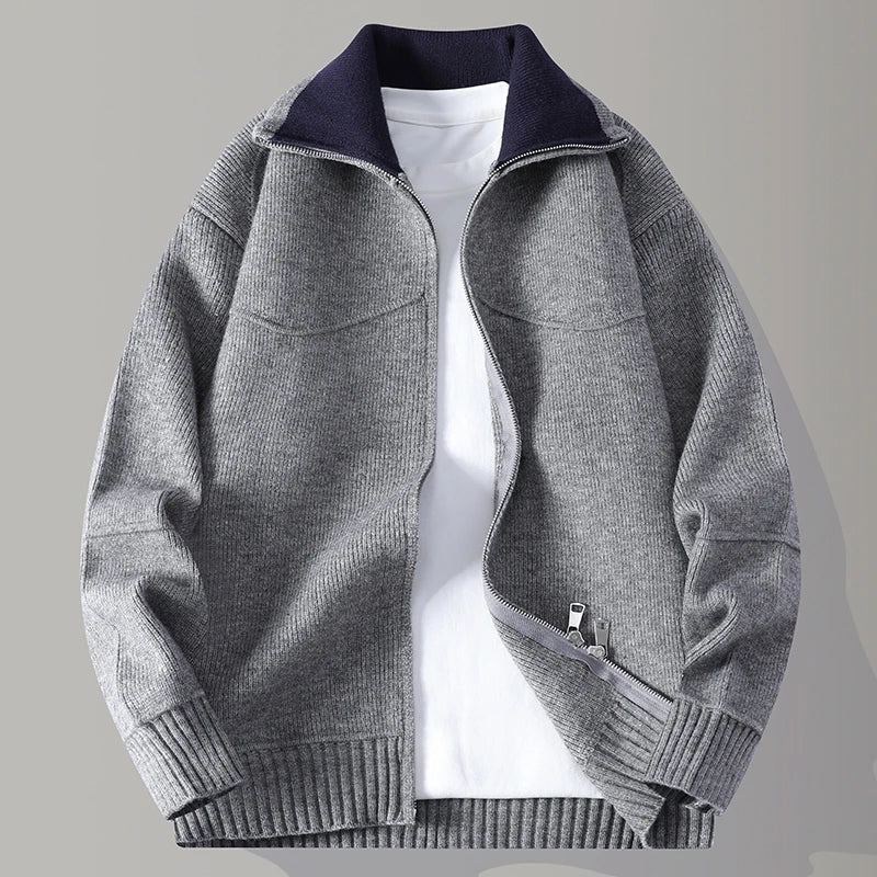 Men's Knit Zip-Up Cardigan with Mock Neck for Versatile Business and Casual Style