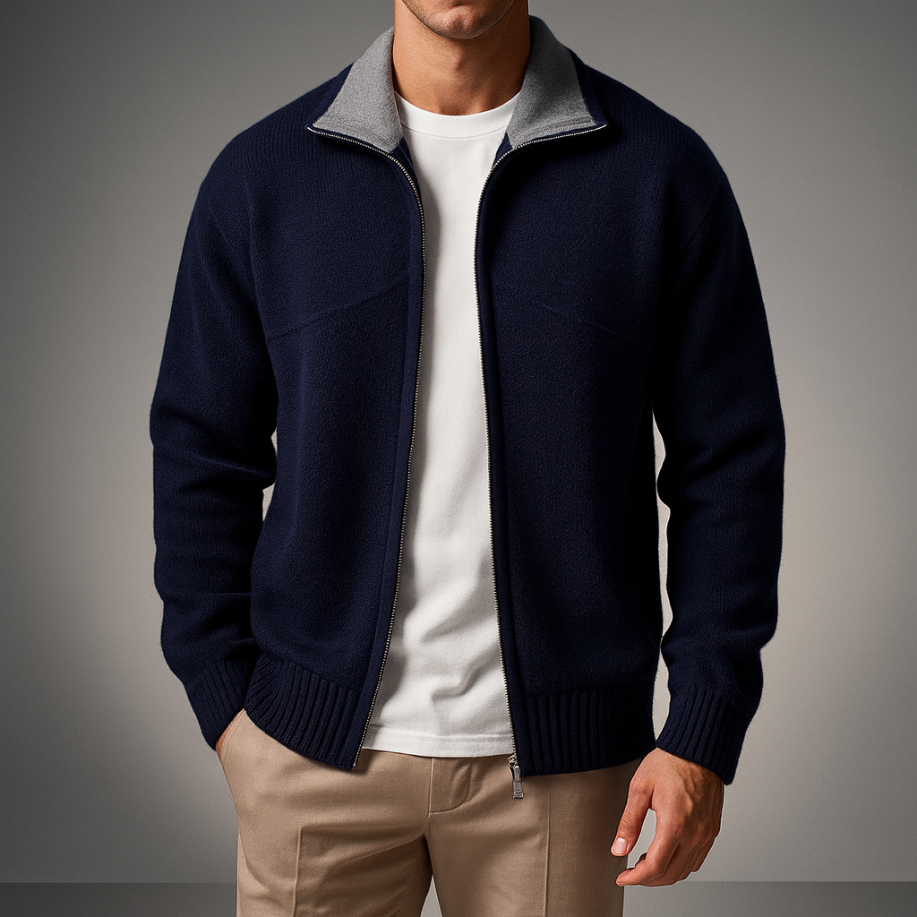 Men's Knit Zip-Up Cardigan with Mock Neck for Versatile Business and Casual Style