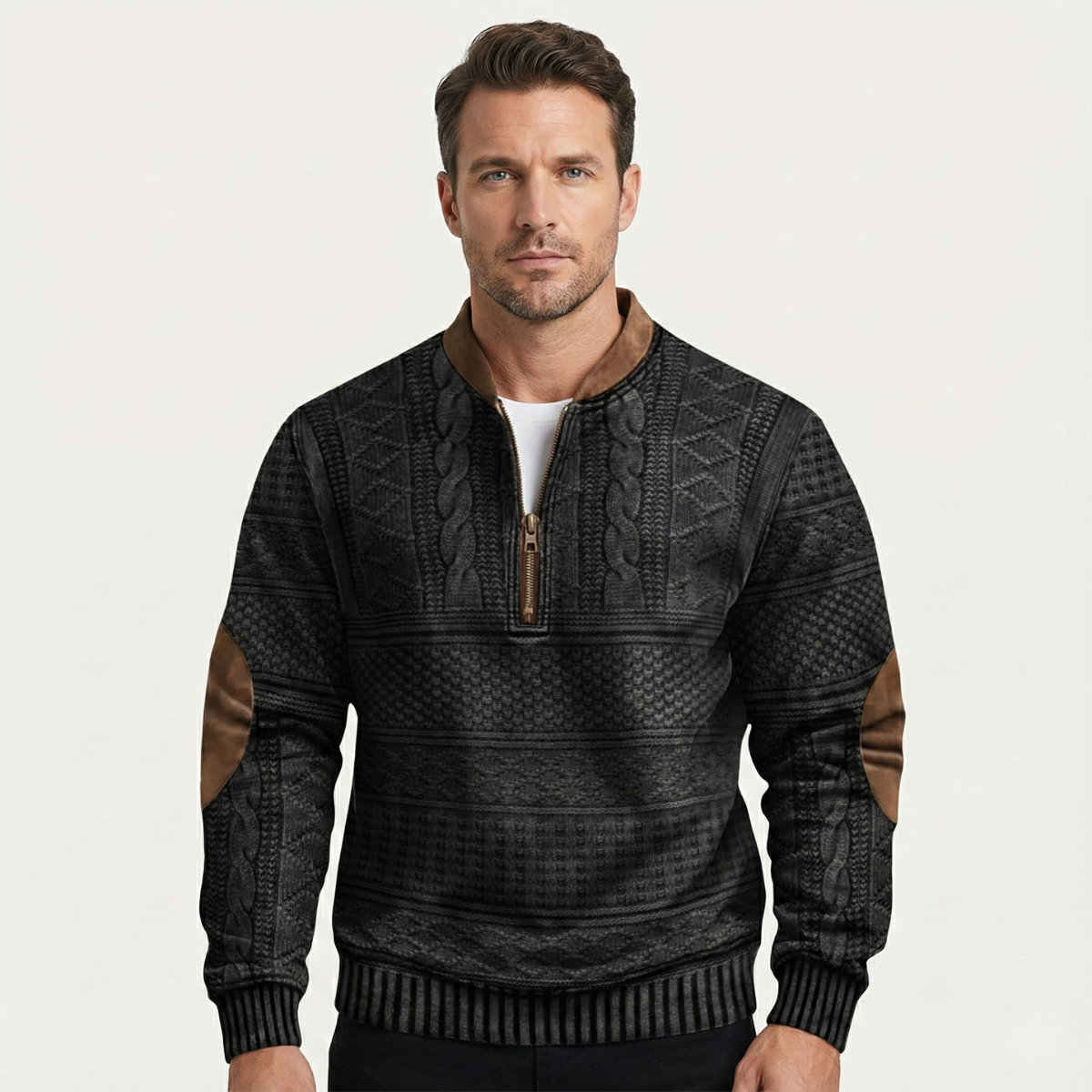 Trendy Men's Half Zip Sweater with Elbow Patches for Casual Wear