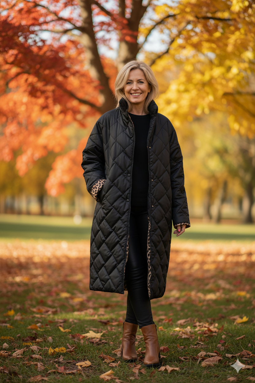 Long Padded Coat for Women Reversible with Leopard Print