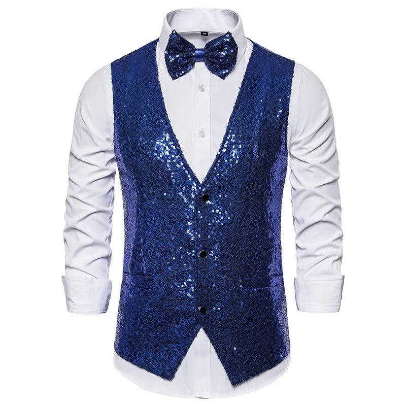 Men's Glittering Sleeveless Waistcoat with Bow Tie – Single-Breasted Party Attire Adorned with Sparkling Stones