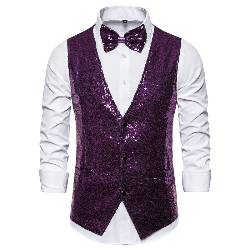 Men's Glittering Sleeveless Waistcoat with Bow Tie – Single-Breasted Party Attire Adorned with Sparkling Stones