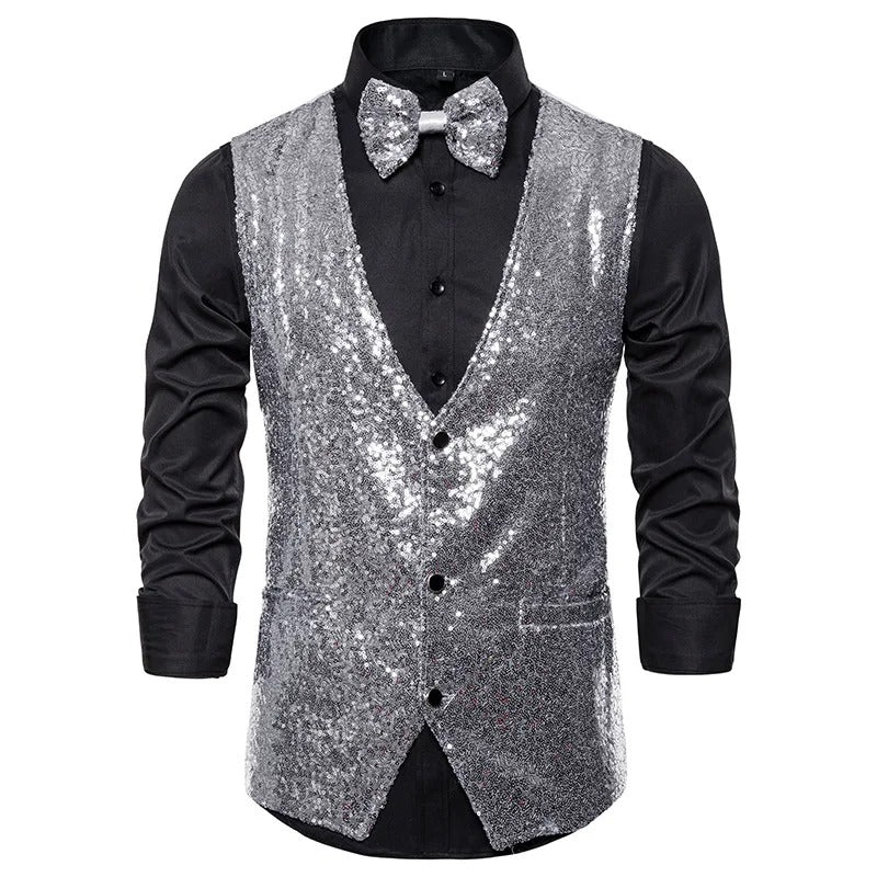 Men's Glittering Sleeveless Waistcoat with Bow Tie – Single-Breasted Party Attire Adorned with Sparkling Stones