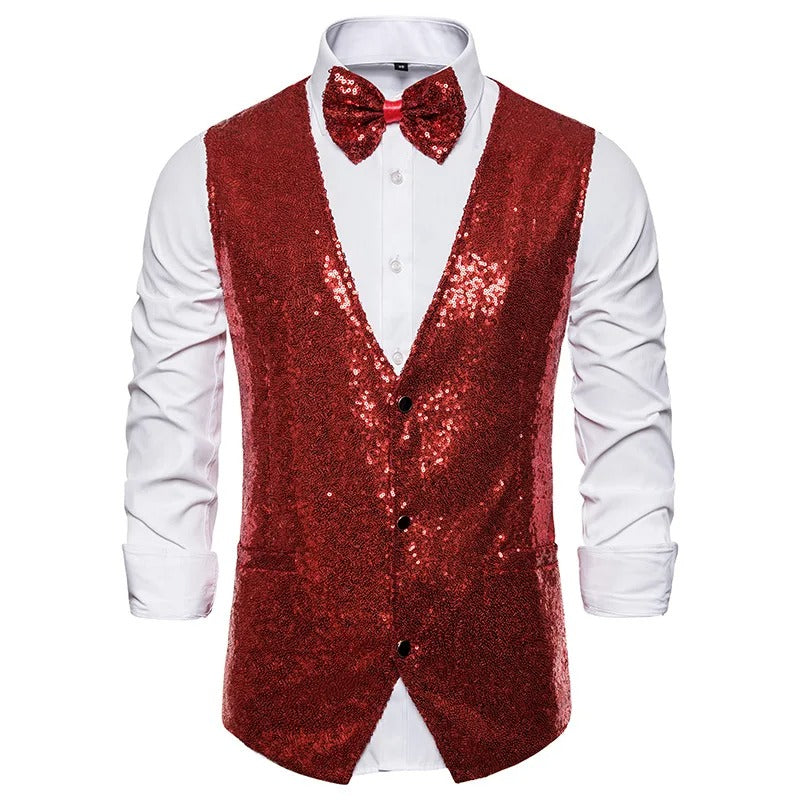 Men's Glittering Sleeveless Waistcoat with Bow Tie – Single-Breasted Party Attire Adorned with Sparkling Stones