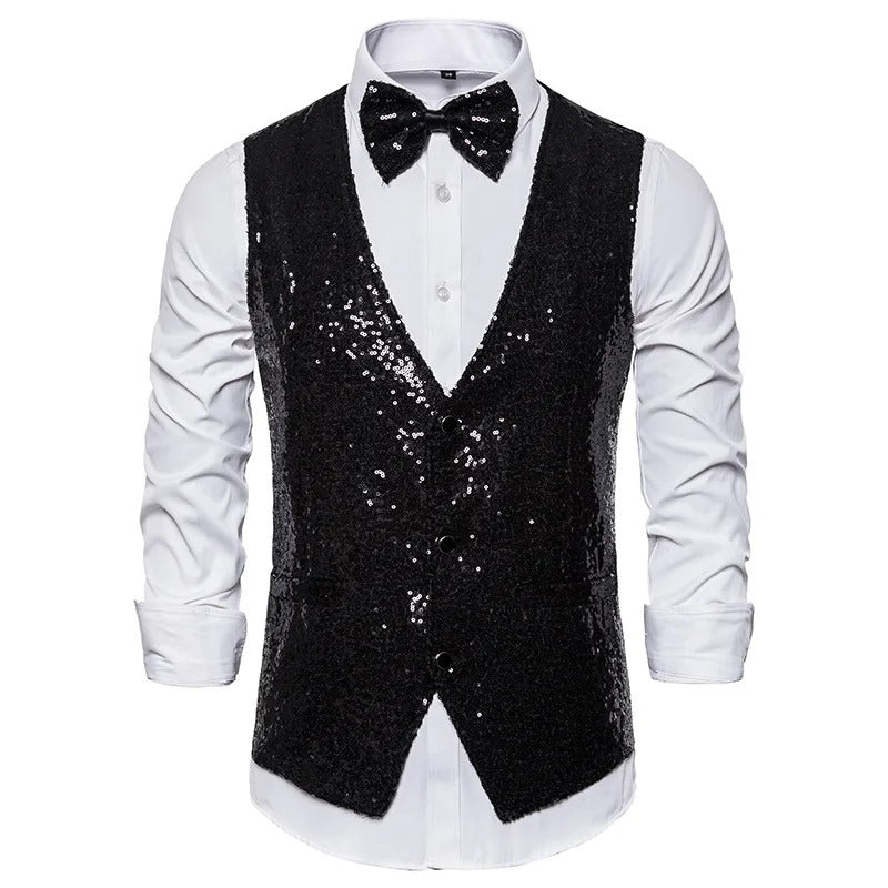 Men's Glittering Sleeveless Waistcoat with Bow Tie – Single-Breasted Party Attire Adorned with Sparkling Stones