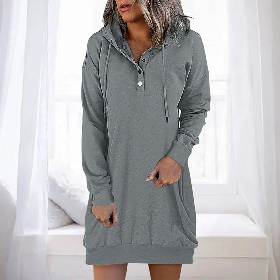 Cozy Hooded Dress Featuring Buttons and Pockets